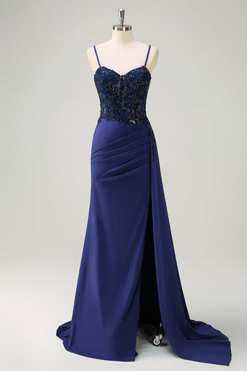 Navy Mermaid Spaghetti Straps Increspato Streamer Abito lungo da cerimonia con pizzo